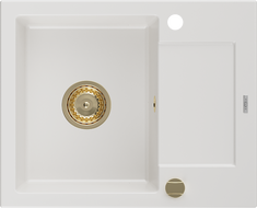 Mexen Enzo zlewozmywak granitowy 1-komorowy z ociekaczem 576 x 465 mm, biały, syfon złoty - 6506571005-20-G