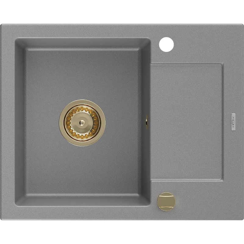 Mexen Enzo zlewozmywak granitowy 1-komorowy z ociekaczem 576 x 465 mm, szary, syfon złoty - 6506571005-71-G