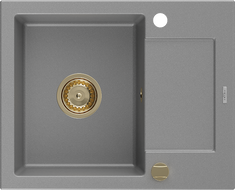 Mexen Enzo zlewozmywak granitowy 1-komorowy z ociekaczem 576 x 465 mm, szary, syfon złoty - 6506571005-71-G