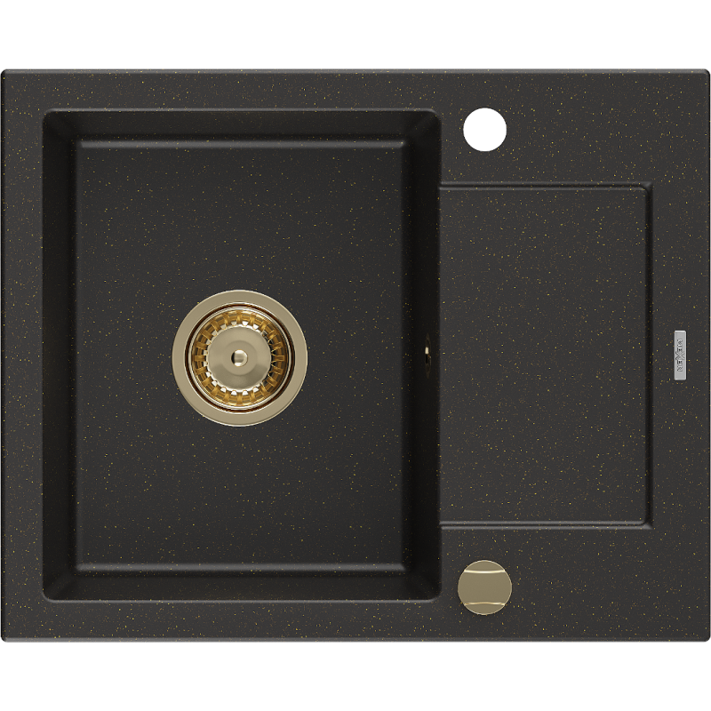 Mexen Enzo zlewozmywak granitowy 1-komorowy z ociekaczem 576 x 465 mm, czarny/złoty metalik, syfon złoty - 6506571005-75-G