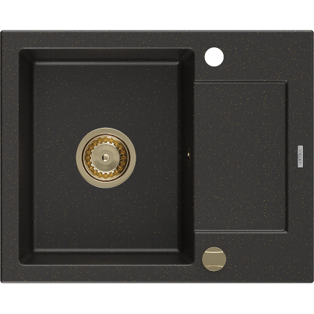 Mexen Enzo zlewozmywak granitowy 1-komorowy z ociekaczem 576 x 465 mm, czarny/złoty metalik, syfon złoty - 6506571005-75-G