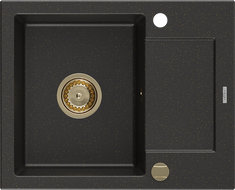 Mexen Enzo zlewozmywak granitowy 1-komorowy z ociekaczem 576 x 465 mm, czarny/złoty metalik, syfon złoty - 6506571005-75-G