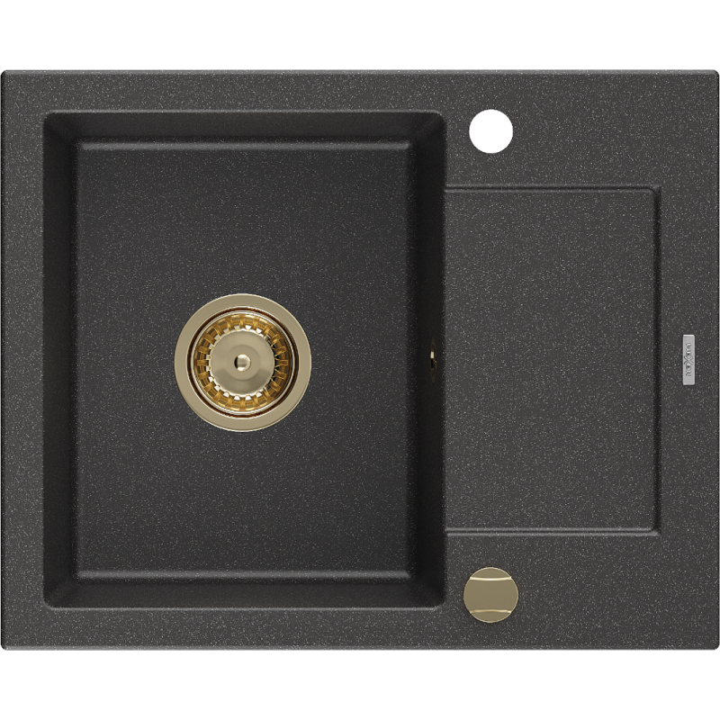 Mexen Enzo zlewozmywak granitowy 1-komorowy z ociekaczem 576 x 465 mm, czarny nakrapiany, syfon złoty - 6506571005-76-G