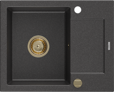 Mexen Enzo zlewozmywak granitowy 1-komorowy z ociekaczem 576 x 465 mm, czarny nakrapiany, syfon złoty - 6506571005-76-G