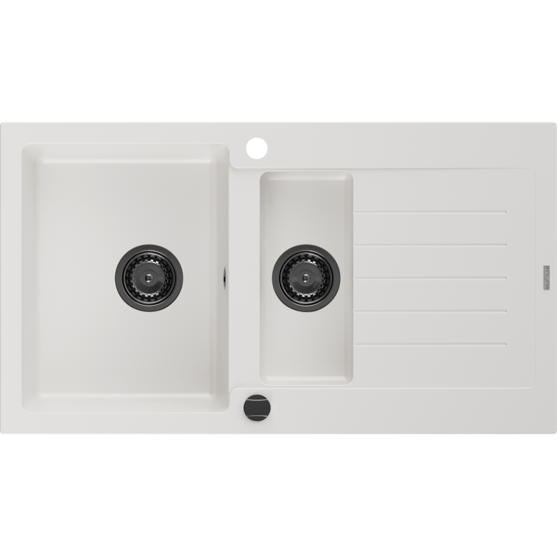 Mexen Matias zlewozmywak granitowy 1,5-komorowy z ociekaczem 900 x 505 mm, biały, syfon czarny - 6502901505-20-B