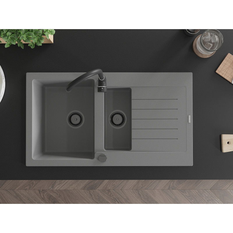 Mexen Matias zlewozmywak granitowy 1,5-komorowy ociekaczem 900 x 505 mm, szary, syfon czarny - 6502901505-71-B