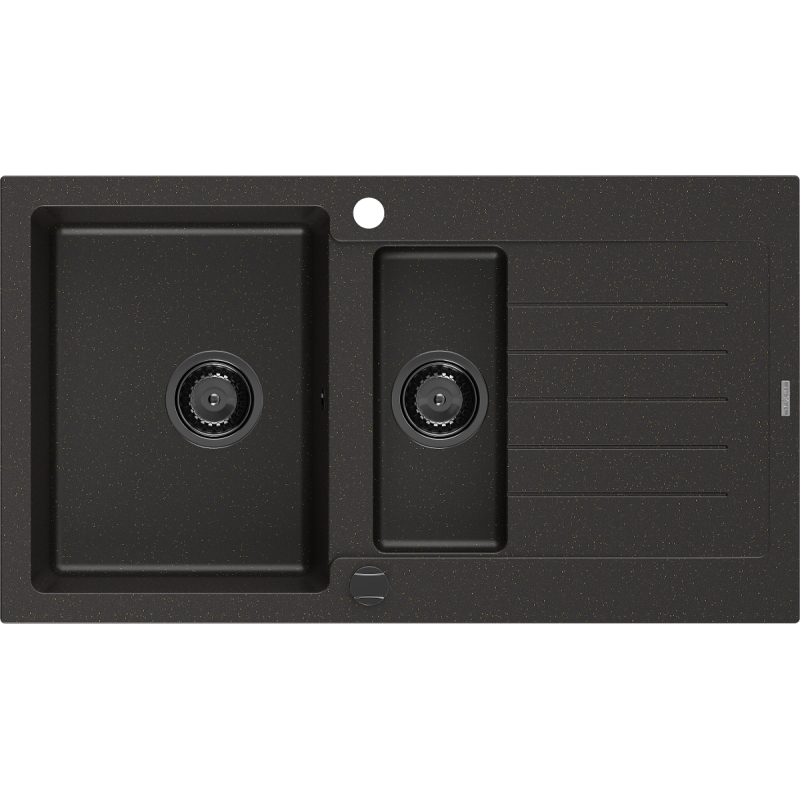 Mexen Matias zlewozmywak granitowy 1,5-komorowy z ociekaczem 900 x 505 mm, czarny/złoty metalik, syfon czarny - 6502901505-75-B