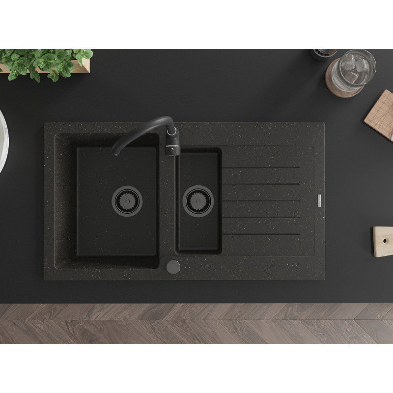 Mexen Matias zlewozmywak granitowy 1,5-komorowy z ociekaczem 900 x 505 mm, czarny/złoty metalik, syfon czarny - 6502901505-75-B