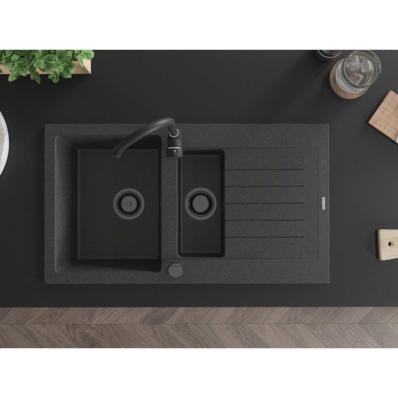 Mexen Matias zlewozmywak granitowy 1,5-komorowy z ociekaczem 900 x 505 mm, czarny nakrapiany, syfon czarny - 6502901505-76-B