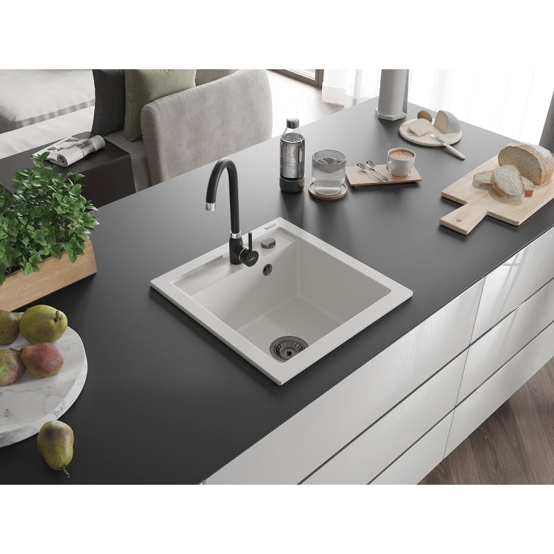 Mexen Vito zlewozmywak granitowy 1-komorowy 520 x 490 mm, biały, syfon czarny - 6503521000-20-B