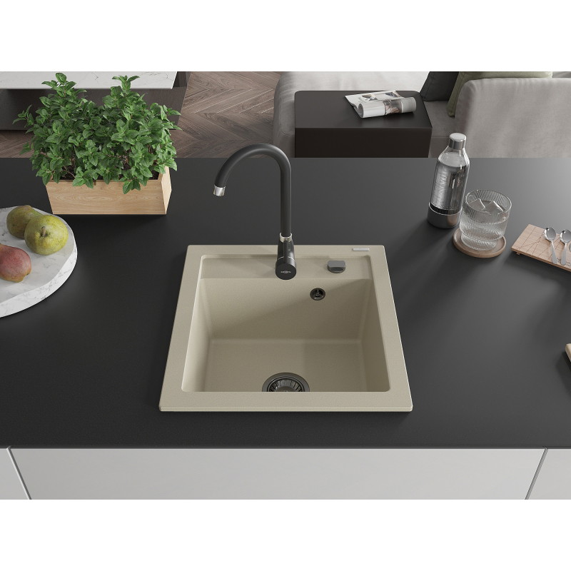 Mexen Vito zlewozmywak granitowy 1-komorowy 520 x 490 mm, beżowy, syfon czarny - 6503521000-69-B