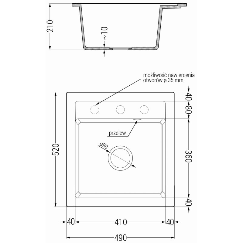 Mexen Vito zlewozmywak granitowy 1-komorowy 520 x 490 mm, czarny, syfon czarny - 6503521000-77-B