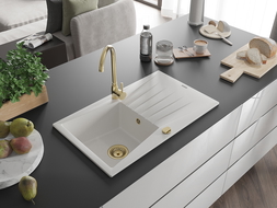 Mexen Cesar zlewozmywak granitowy 1-komorowy z ociekaczem 775 x 470 mm, biały, syfon złoty - 6514771010-20-G