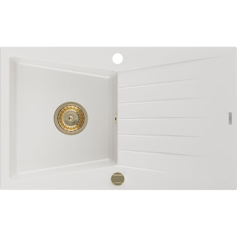 Mexen Cesar zlewozmywak granitowy 1-komorowy z ociekaczem 775 x 470 mm, biały, syfon złoty - 6514771010-20-G