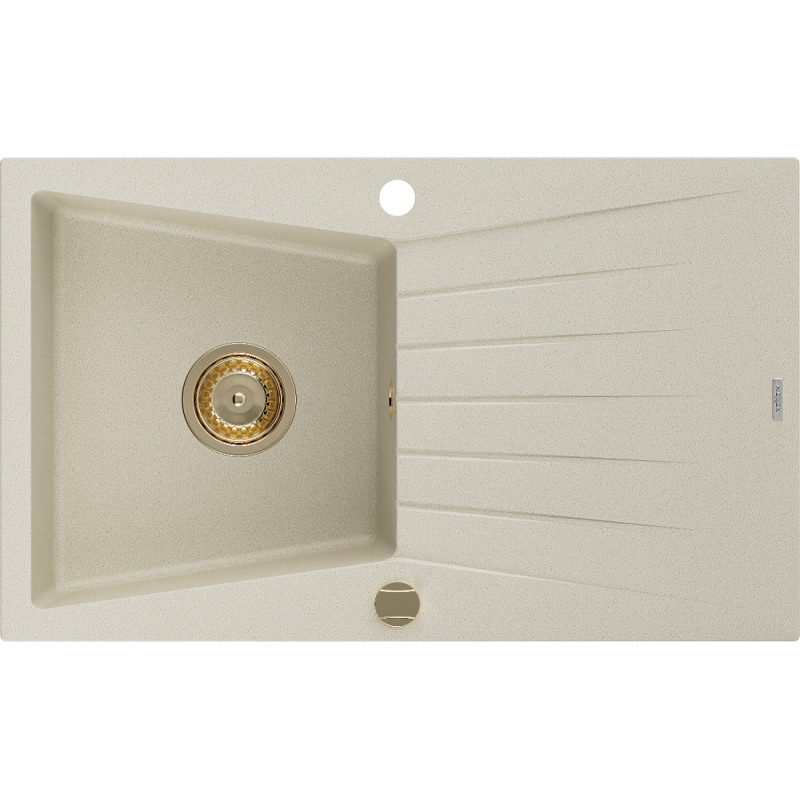 Mexen Cesar zlewozmywak granitowy 1-komorowy z ociekaczem 775 x 470 mm, beżowy, syfon złoty - 6514771010-69-G