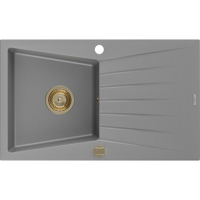 Mexen Cesar zlewozmywak granitowy 1-komorowy z ociekaczem 775 x 470 mm, szary, syfon złoty - 6514771010-71-G