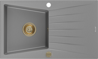 Mexen Cesar zlewozmywak granitowy 1-komorowy z ociekaczem 775 x 470 mm, szary, syfon złoty - 6514771010-71-G