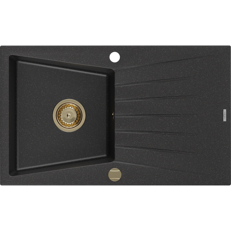 Mexen Cesar zlewozmywak granitowy 1-komorowy z ociekaczem 775 x 470 mm, czarny/srebrny metalik, syfon złoty - 6514771010-73-G