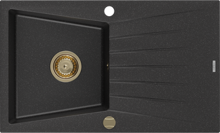 Mexen Cesar zlewozmywak granitowy 1-komorowy z ociekaczem 775 x 470 mm, czarny/srebrny metalik, syfon złoty - 6514771010-73-G