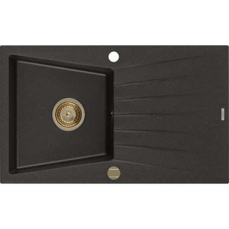 Mexen Cesar zlewozmywak granitowy 1-komorowy z ociekaczem 775 x 470 mm, czarny/złoty metalik, syfon złoty - 6514771010-75-G