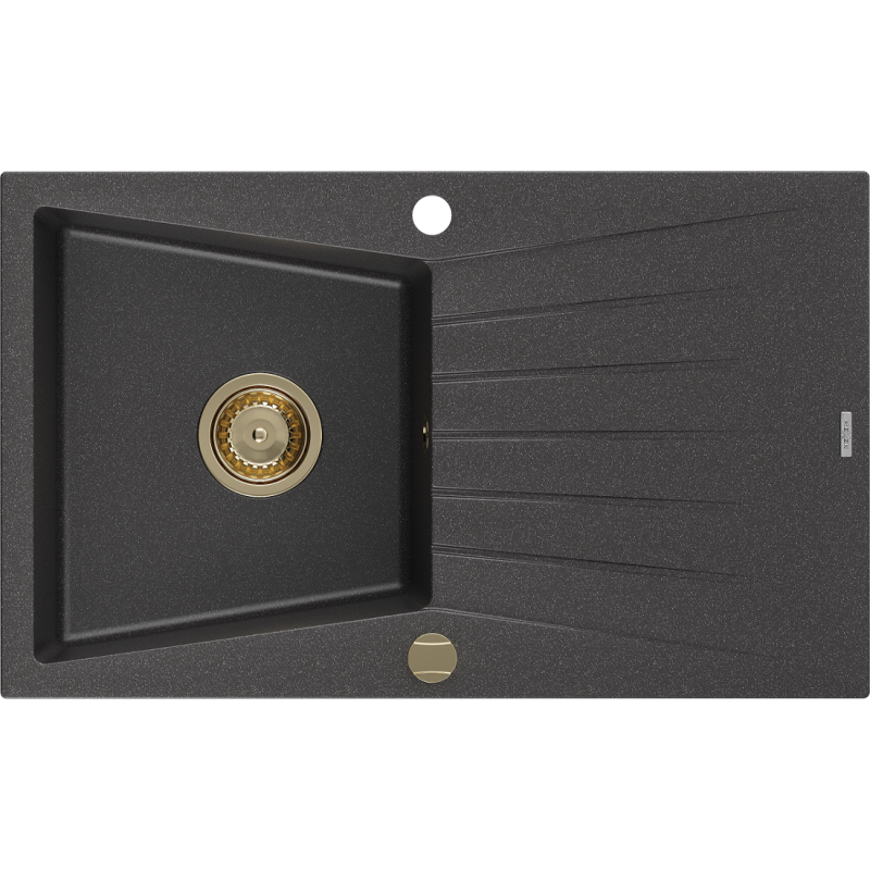 Mexen Cesar zlewozmywak granitowy 1-komorowy z ociekaczem 775 x 470 mm, czarny nakrapiany, syfon złoty - 6514771010-76-G