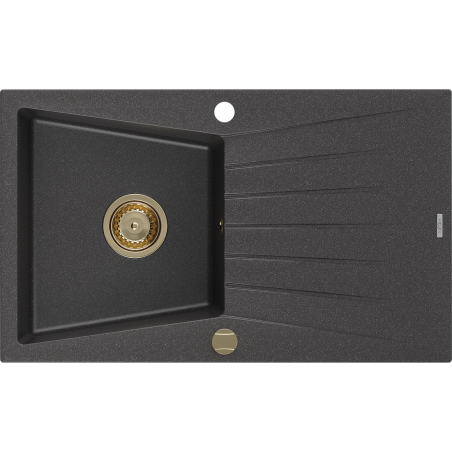 Mexen Cesar zlewozmywak granitowy 1-komorowy z ociekaczem 775 x 470 mm, czarny nakrapiany, syfon złoty - 6514771010-76-G