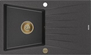Mexen Cesar zlewozmywak granitowy 1-komorowy z ociekaczem 775 x 470 mm, czarny nakrapiany, syfon złoty - 6514771010-76-G