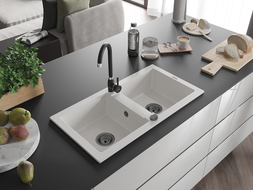 Mexen Mario zlewozmywak granitowy 2-komorowy 820 x 436 mm, biały, syfon czarny - 6504822000-20-B