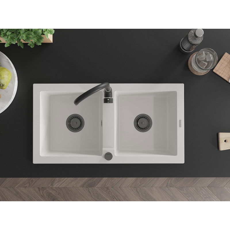 Mexen Mario zlewozmywak granitowy 2-komorowy 820 x 436 mm, biały, syfon czarny - 6504822000-20-B