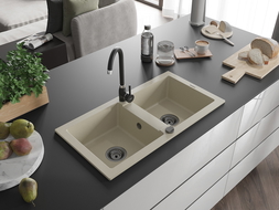 Mexen Mario zlewozmywak granitowy 2-komorowy 820 x 436 mm, beżowy, syfon czarny - 6504822000-69-B