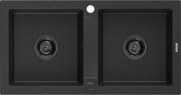 Mexen Mario zlewozmywak granitowy 2-komorowy 820 x 436 mm, czarny/srebrny metalik, syfon czarny - 6504822000-73-B