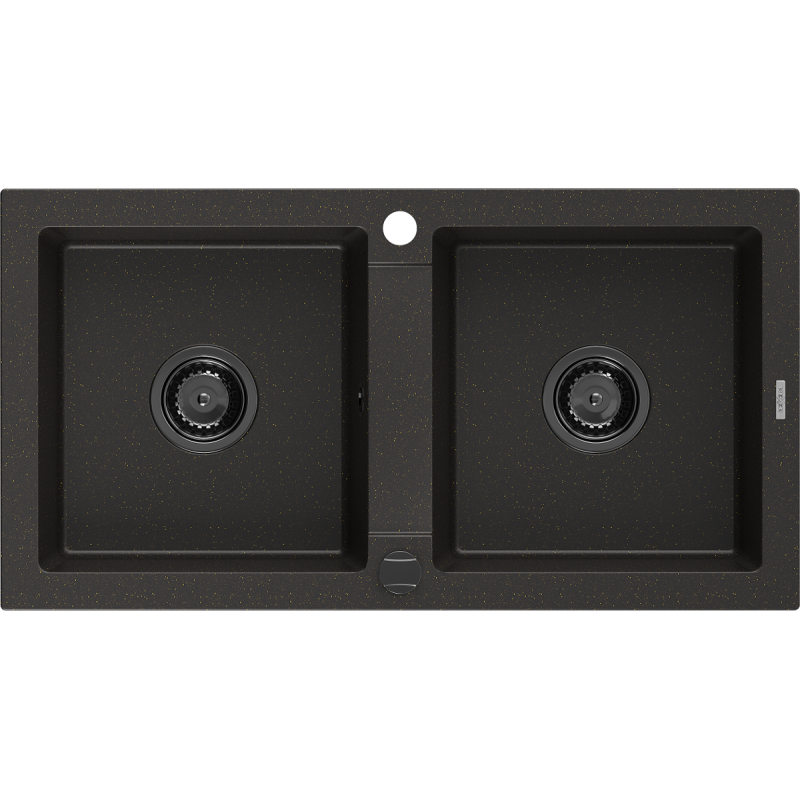 Mexen Mario zlewozmywak granitowy 2-komorowy 820 x 436 mm, czarny/złoty metalik, syfon czarny - 6504822000-75-B