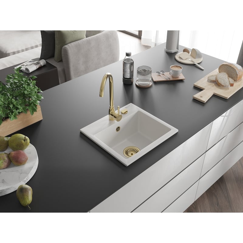 Mexen Milo zlewozmywak granitowy 1-komorowy 435 x 410 mm, biały, syfon złoty - 6505441000-20-G