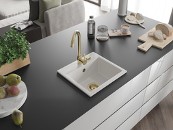 Mexen Milo zlewozmywak granitowy 1-komorowy 435 x 410 mm, biały, syfon złoty - 6505441000-20-G