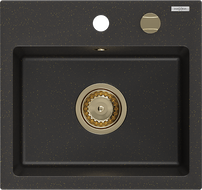 Mexen Milo zlewozmywak granitowy 1-komorowy 435 x 410 mm,  czarny/złoty metalik, syfon złoty - 6505441000-75-G
