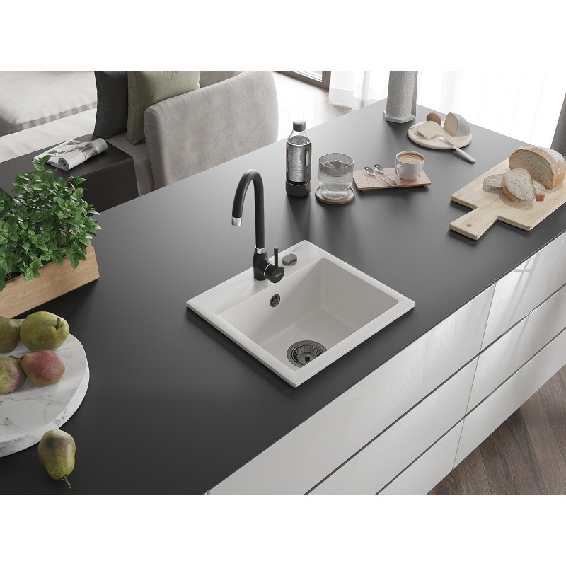Mexen Milo zlewozmywak granitowy 1-komorowy 435 x 410 mm, biały, syfon czarny - 6505441000-20-B