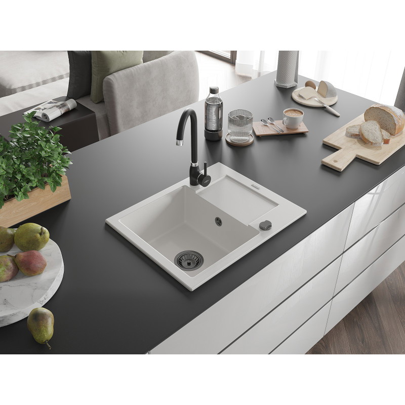 Mexen Enzo zlewozmywak granitowy 1-komorowy z ociekaczem 576 x 465 mm, biały, syfon czarny - 6506571005-20-B