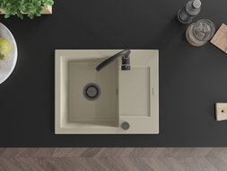 Mexen Enzo zlewozmywak granitowy 1-komorowy z ociekaczem 576 x 465 mm, beżowy, syfon czarny - 6506571005-69-B