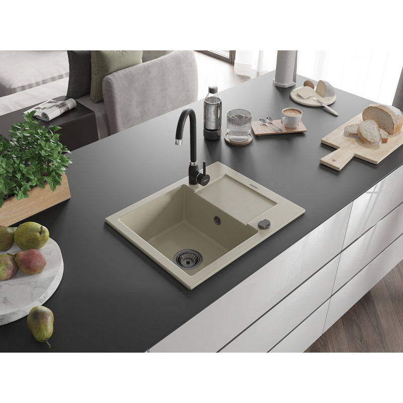 Mexen Enzo zlewozmywak granitowy 1-komorowy z ociekaczem 576 x 465 mm, beżowy, syfon czarny - 6506571005-69-B