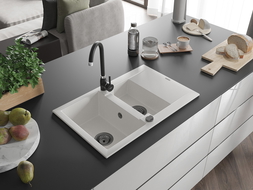 Mexen Gaspar zlewozmywak granitowy 1,5-komorowy z ociekaczem 737 x 475 mm, biały, syfon czarny - 6507731505-20-B