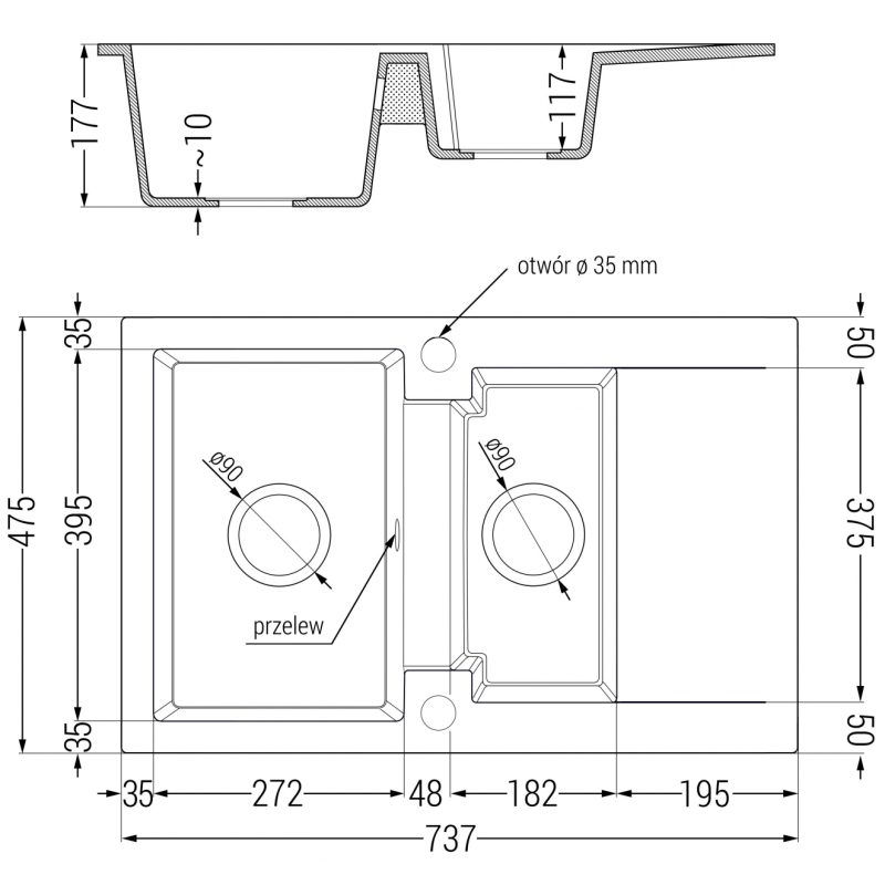 Mexen Gaspar zlewozmywak granitowy 1,5-komorowy z ociekaczem 737 x 475 mm, beżowy, syfon czarny - 6507731505-69-B