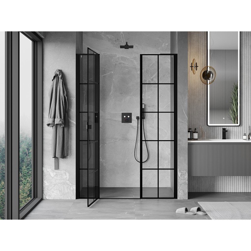 Mexen Mist L drzwi prysznicowe uchylne lewe 145 cm, czarna kratka, czarne - 8A4L-145-001-70-77-L