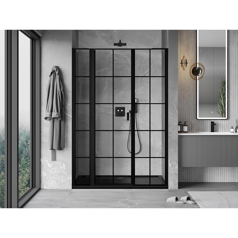 Mexen Mist L drzwi prysznicowe uchylne lewe 155 cm, czarna kratka, czarne - 8A4L-155-001-70-77-L
