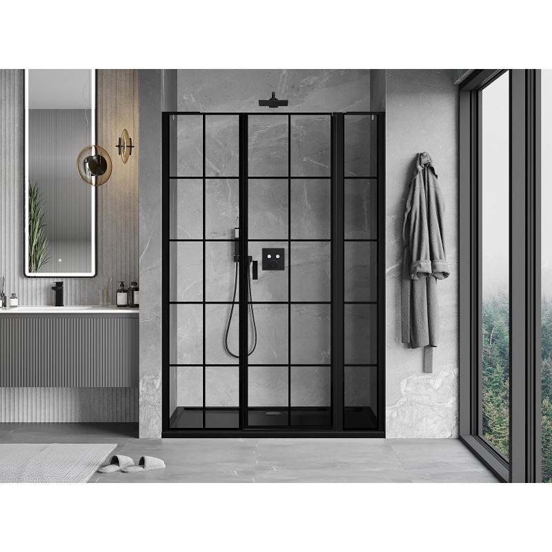 Mexen Mist L drzwi prysznicowe uchylne prawe 145 cm, czarna kratka, czarne - 8A4L-145-001-70-77-P