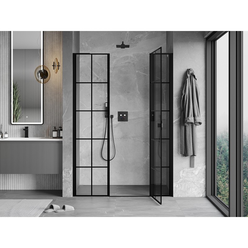 Mexen Mist L drzwi prysznicowe uchylne prawe 145 cm, czarna kratka, czarne - 8A4L-145-001-70-77-P