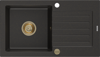 Mexen Pablo zlewozmywak granitowy 1-komorowy z ociekaczem 752 x 436 mm, czarny/złoty metalik, syfon złoty - 6510751010-75-G
