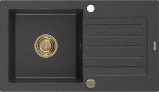 Mexen Pablo zlewozmywak granitowy 1-komorowy z ociekaczem 752 x 436 mm, czarny nakrapiany, syfon złoty - 6510751010-76-G