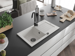 Mexen Pablo zlewozmywak granitowy 1-komorowy z ociekaczem 752 x 436 mm, biały, syfon czarny - 6510751010-20-B