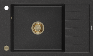 Mexen Elias zlewozmywak granitowy 1-komorowy z ociekaczem 795 x 480 mm, czarny/srebrny metalik, syfon złoty - 6511791005-73-G