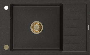 Mexen Elias zlewozmywak granitowy 1-komorowy z ociekaczem 795 x 480 mm, czarny/złoty metalik, syfon złoty - 6511791005-75-G